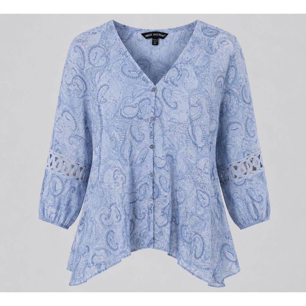 Unique Spectrum Blue Paisley Sheer Blouse Women’s XL Boho Crochet Sleeve